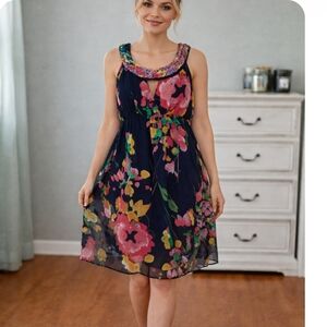 Romeo & Juliet Couture Floral Dress Braid Neckline Keyhole Sleeveless Boho L